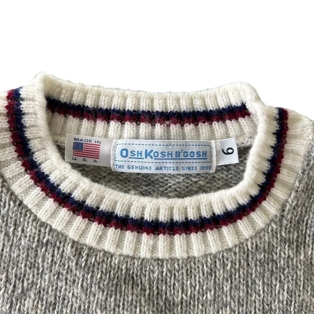 VTG USA Made OshKosh B'gosh Kids Sweater Sz 6 Gray Navy White Striped Crew Neck